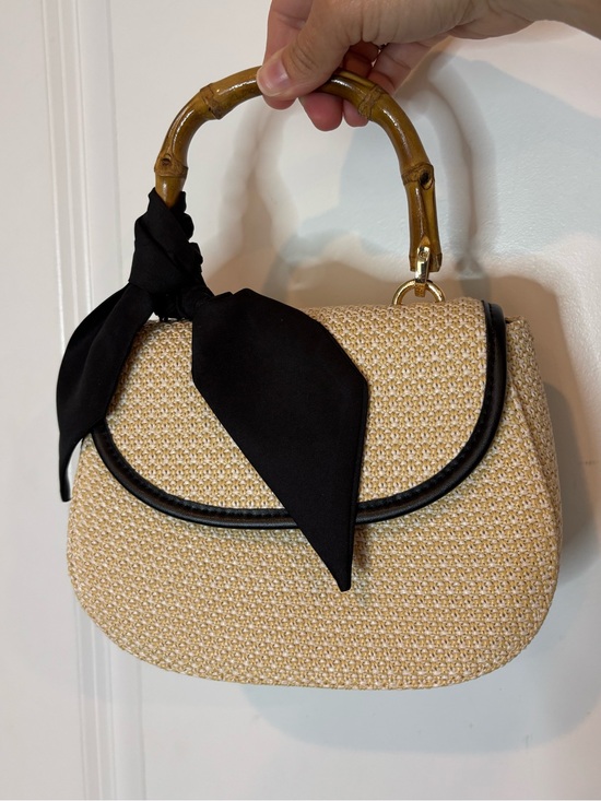 a new day Handbags - A New Day Black Bow Bamboo Handle Tan Neutral Woven Bag